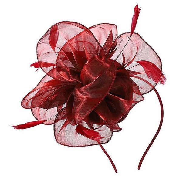 Fascinator Hat Veil Feather Z- Vine Red